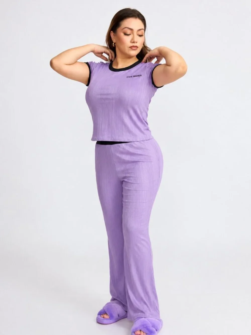 Steve Madden Ribbed Pajama Set, Short Sleeve Top & Pants Lounge Set Color Lila